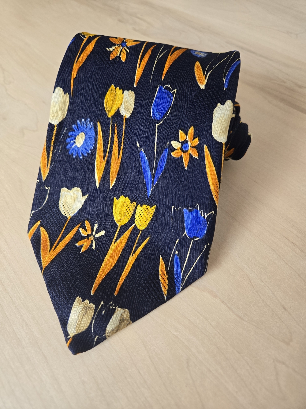 Ermenegildo Zegna Navy Silk Tie with Blue, Yellow and Cream Floral Pattern